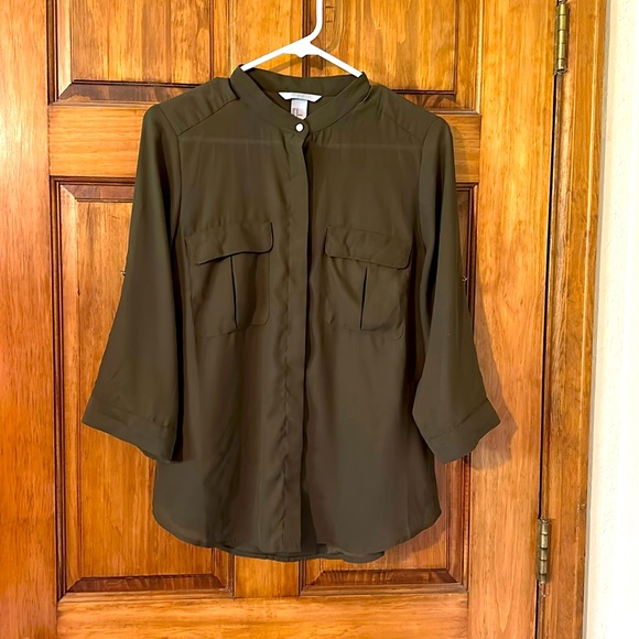 H&M army green button down 3/4 sleeve shirt size 12 - Picture 1 of 6